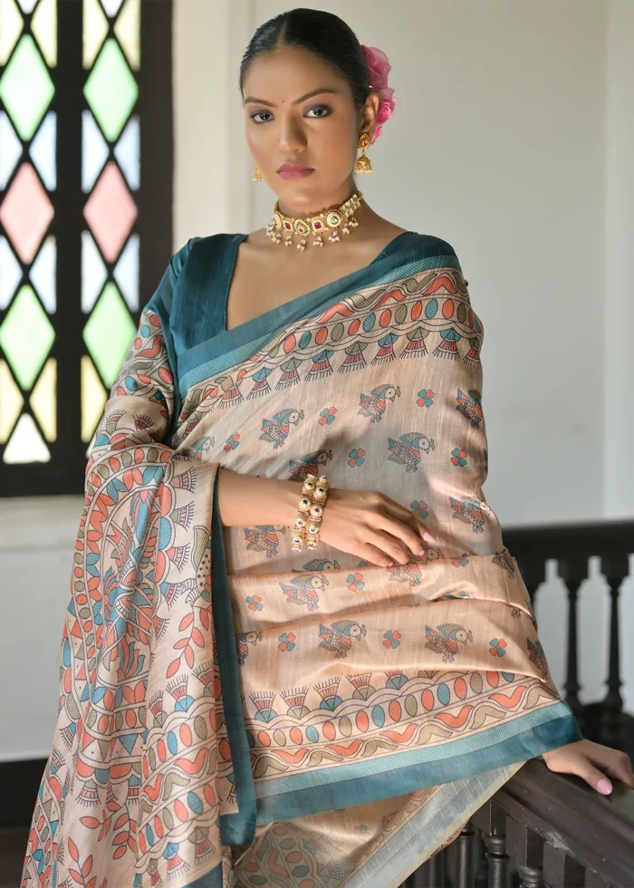 Beige and Rama Blue Madhubani Saree