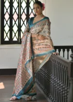 Beige and Rama Blue Madhubani Saree