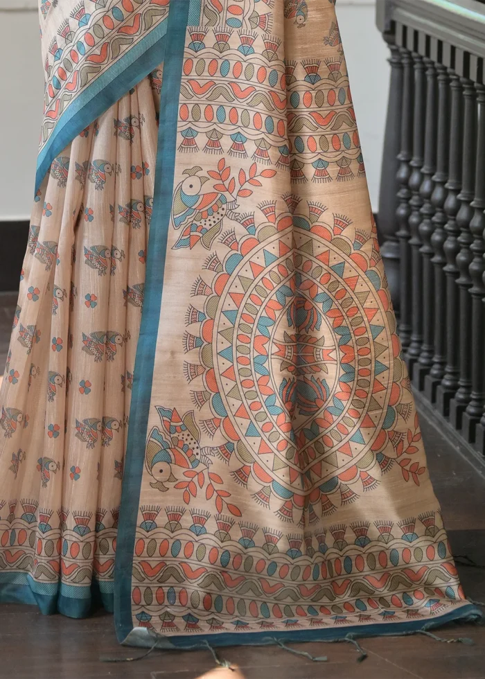 Beige and Rama Blue Madhubani Saree