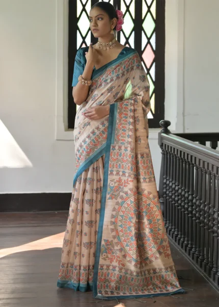 Beige and Rama Blue Madhubani Saree