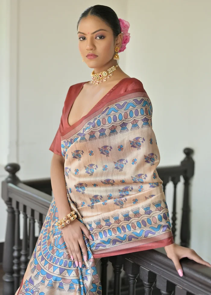 Beige and Red Madhubani Saree