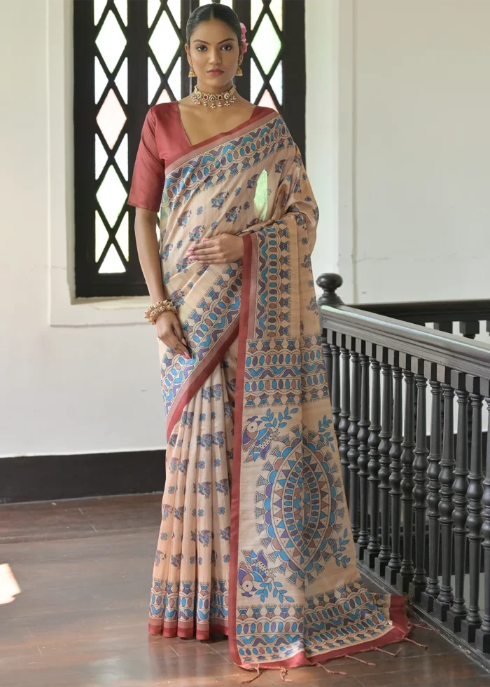 Beige and Red Madhubani Saree