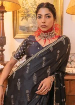 Black Satin Silk Saree with Zari Work