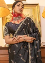 Black Satin Silk Saree with Zari Work