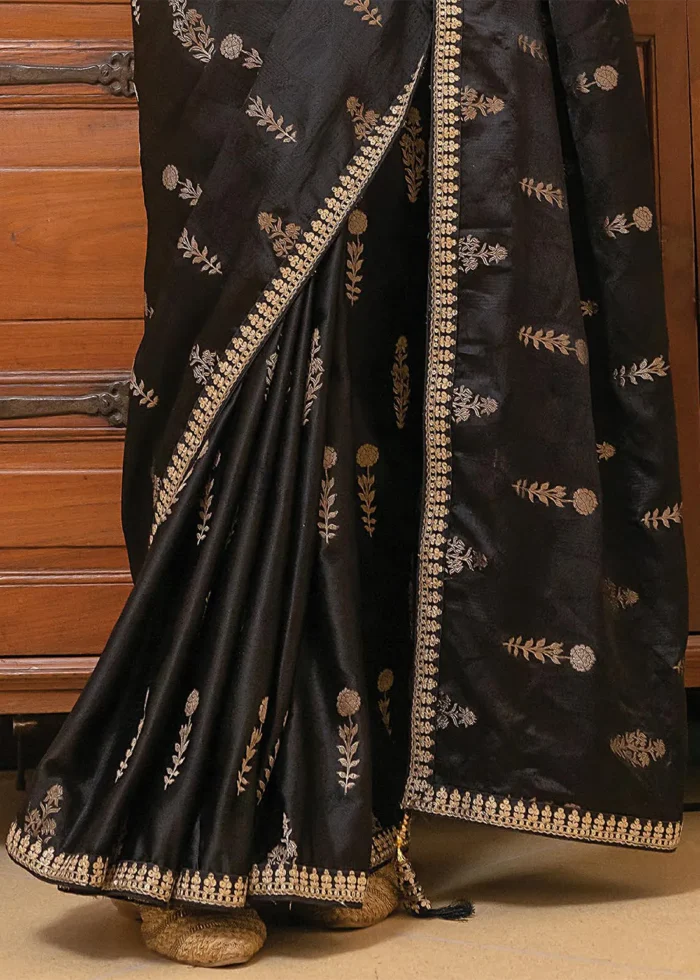 Black Satin Silk Saree with Zari Work