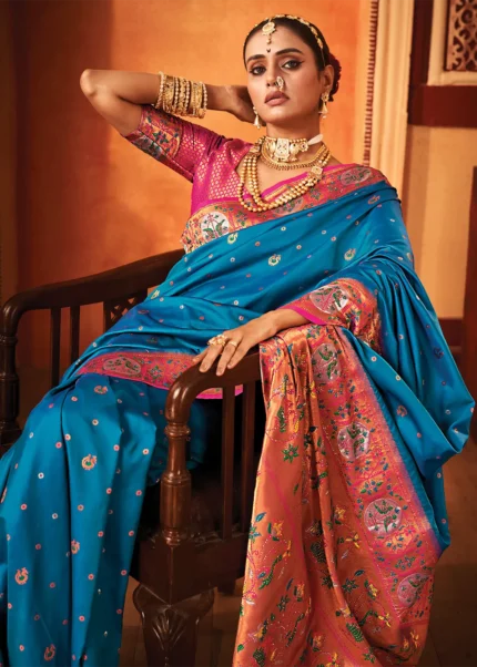 Blue Paithani Silk Saree with Stone Work