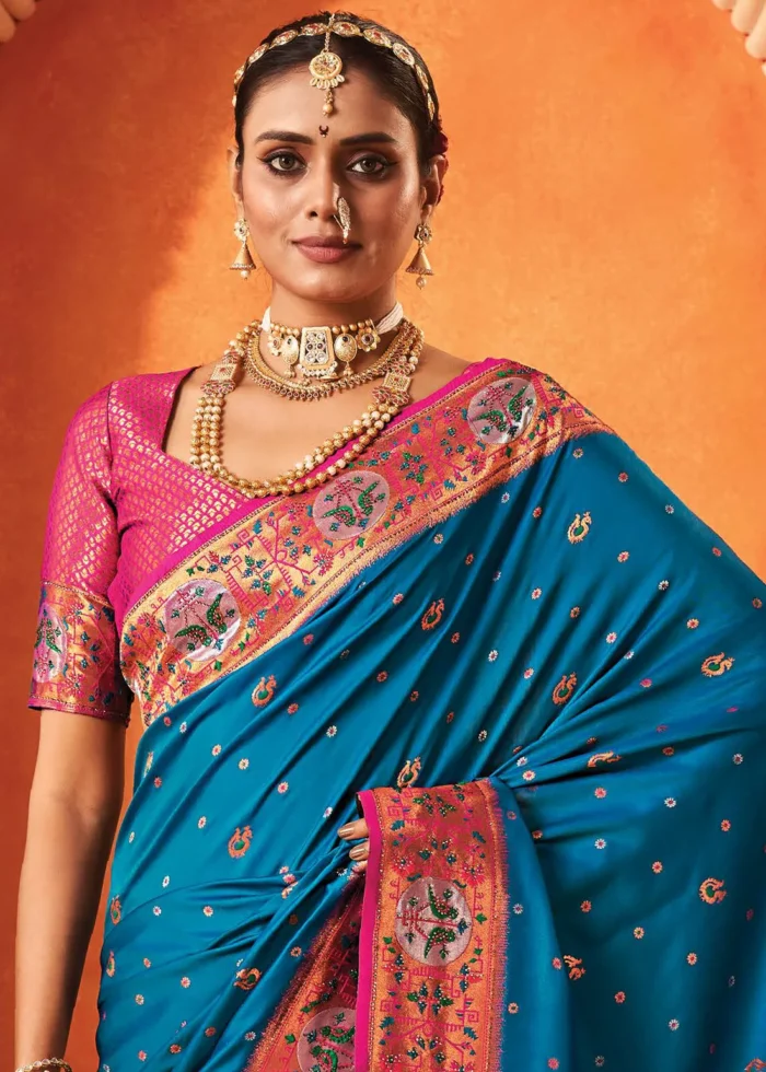 Blue Paithani Silk Saree with Stone Work