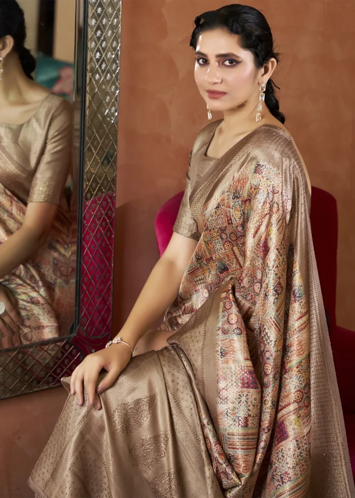 Brown Kanjivaram Saree with Stone Work