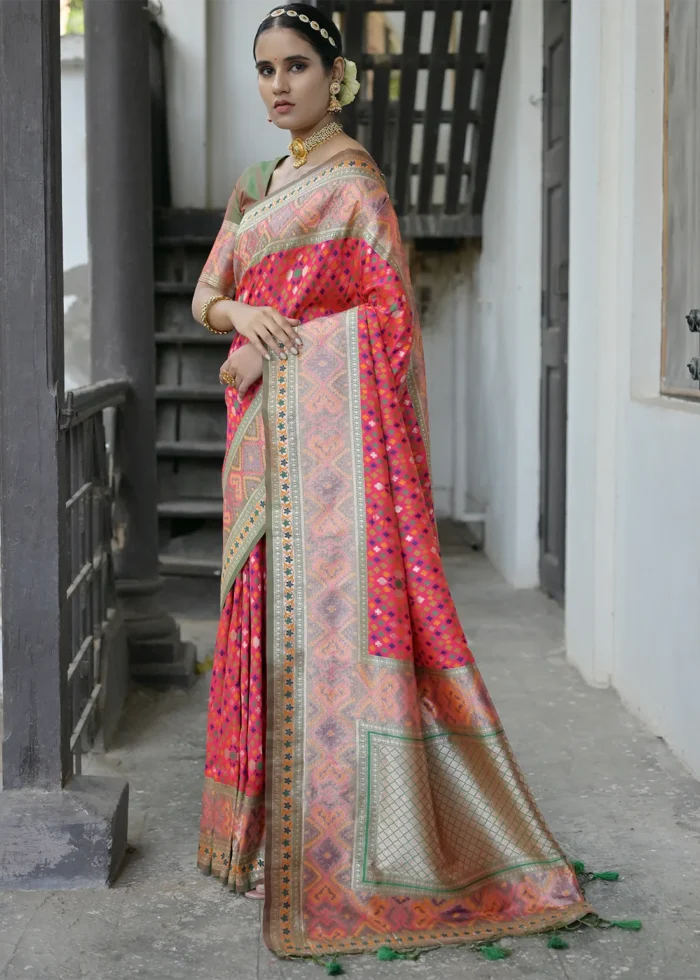 Coral Pink Patola Silk Saree with Mehndi Blouse