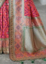 Coral Pink Patola Silk Saree with Mehndi Blouse