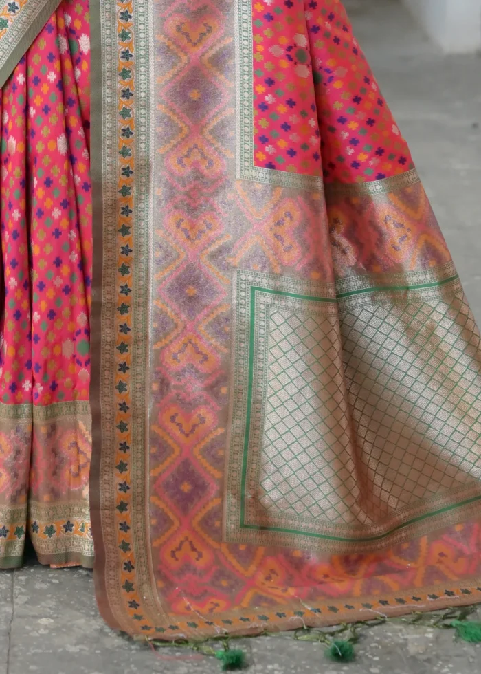 Coral Pink Patola Silk Saree with Mehndi Blouse