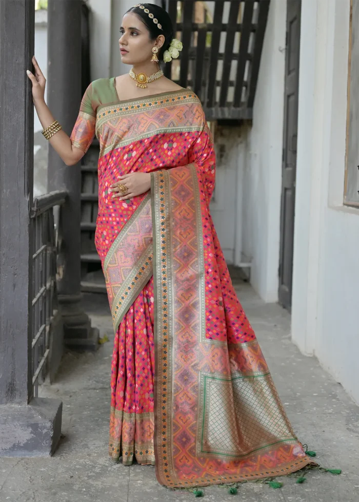 Coral Pink Patola Silk Saree with Mehndi Blouse