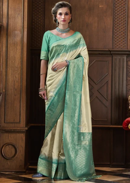 Cream Banarasi Silk Saree