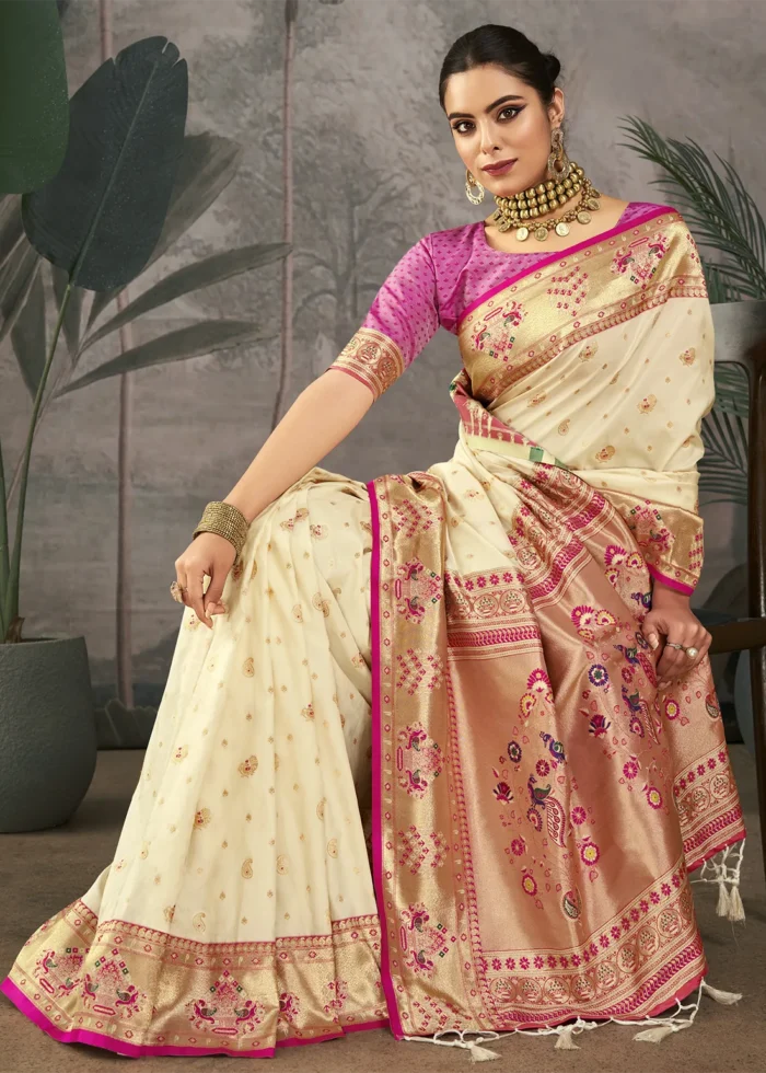 Cream Paithani Silk Saree with Peacock Motifs