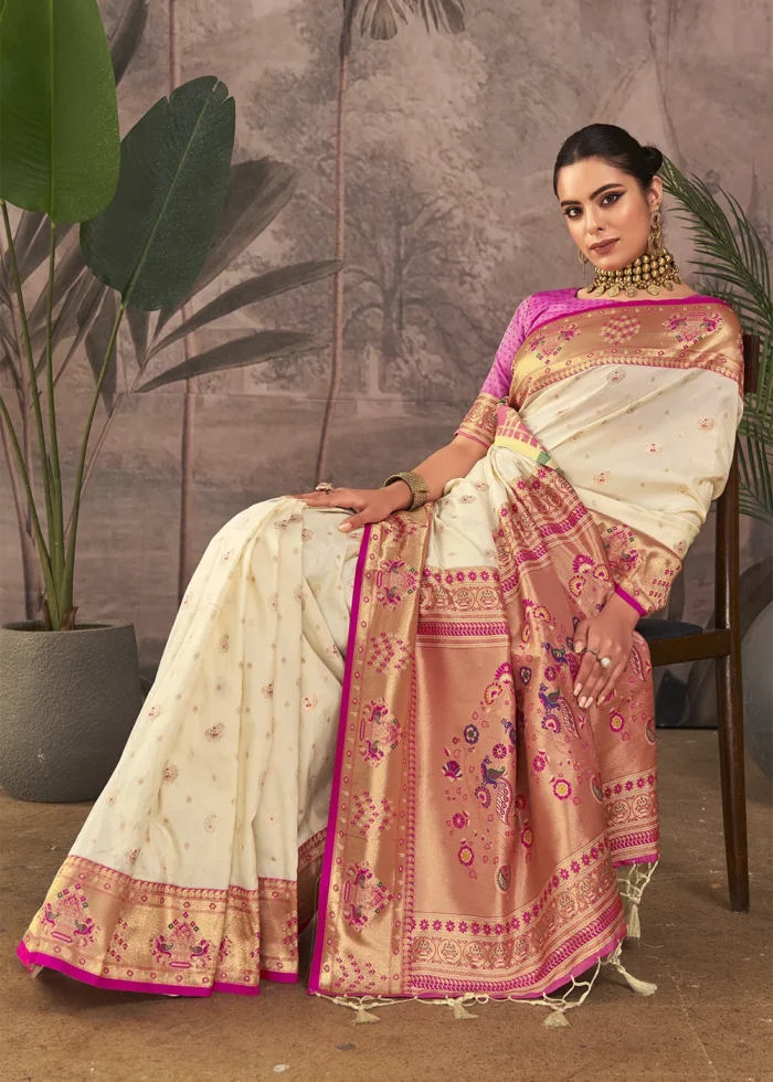 Cream Paithani Silk Saree with Peacock Motifs