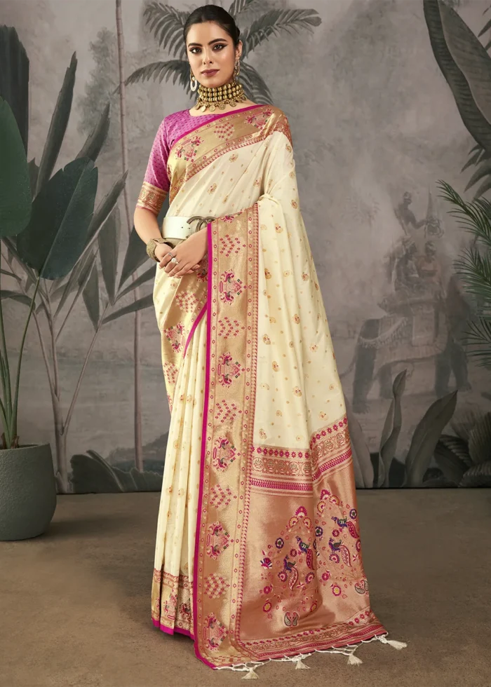 Cream Paithani Silk Saree with Peacock Motifs