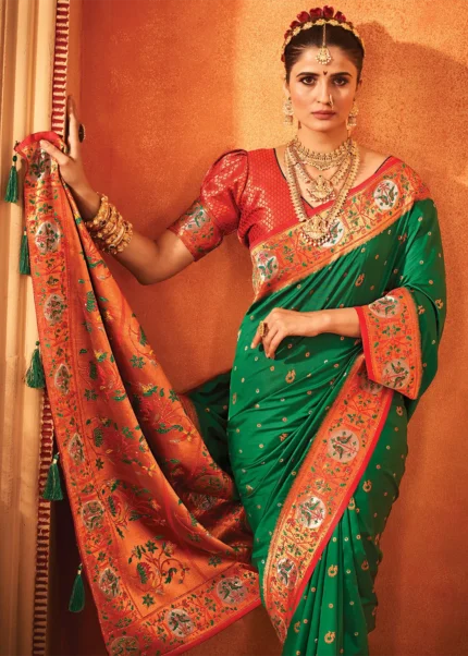 Dark Green Paithani Silk Saree with Stone Work