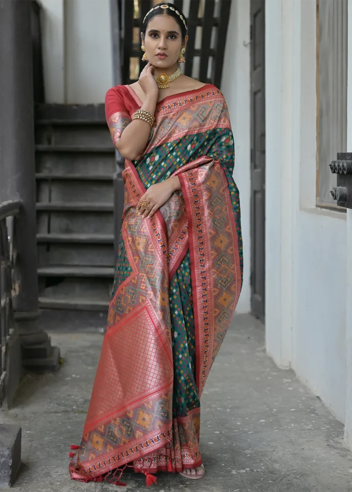 Dark Green Patola Silk Saree with Red Blouse