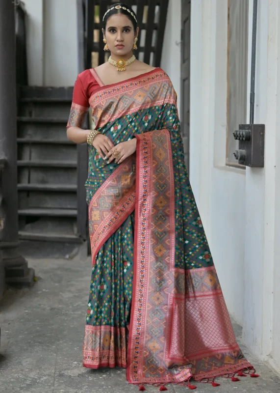 Dark Green Patola Silk Saree with Red Blouse