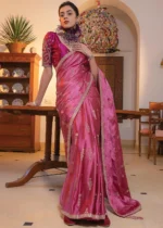 Dark Pink Satin Silk Saree with Zari Work