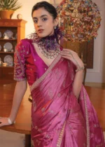 Dark Pink Satin Silk Saree with Zari Work