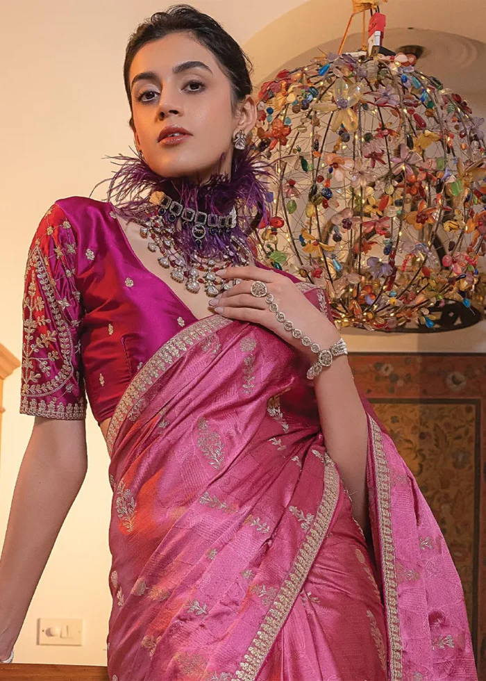 Dark Pink Satin Silk Saree with Zari Work