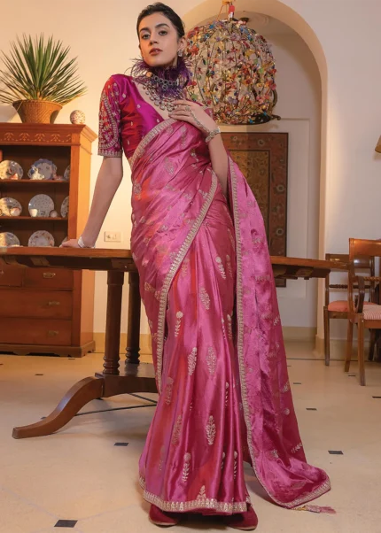 Dark Pink Satin Silk Saree with Zari Work