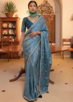 Dusty Blue Satin Silk Saree