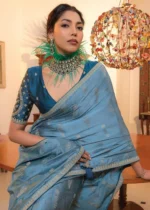 Dusty Blue Satin Silk Saree