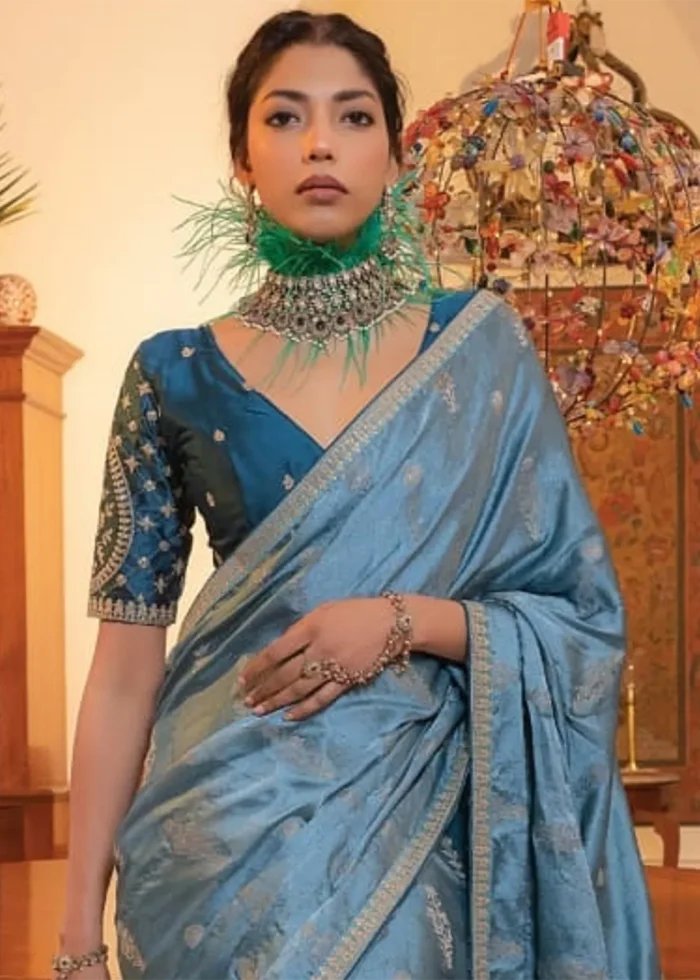 Dusty Blue Satin Silk Saree