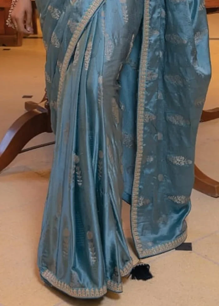 Dusty Blue Satin Silk Saree