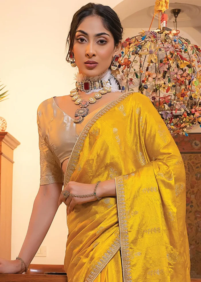 Golden Yellow Satin Silk Saree with Zari Work