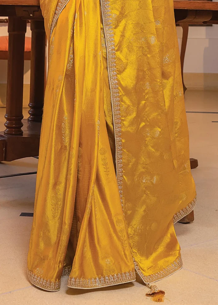 Golden Yellow Satin Silk Saree with Zari Work