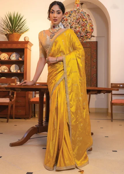 Golden Yellow Satin Silk Saree with Zari Work