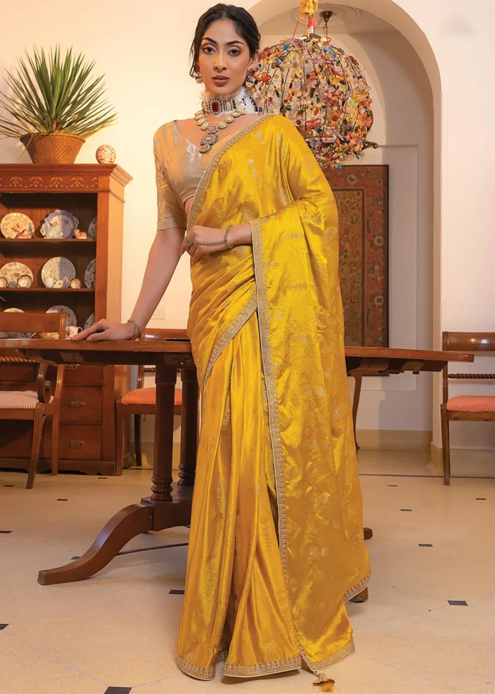 Golden Yellow Satin Silk Saree with Zari Work