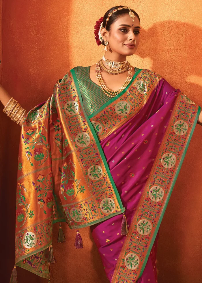 Magenta Paithani Silk Saree with Stone Work