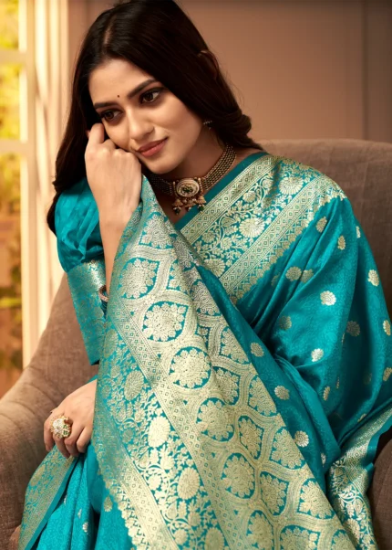 Ocean Blue Banarasi Satin Silk Saree