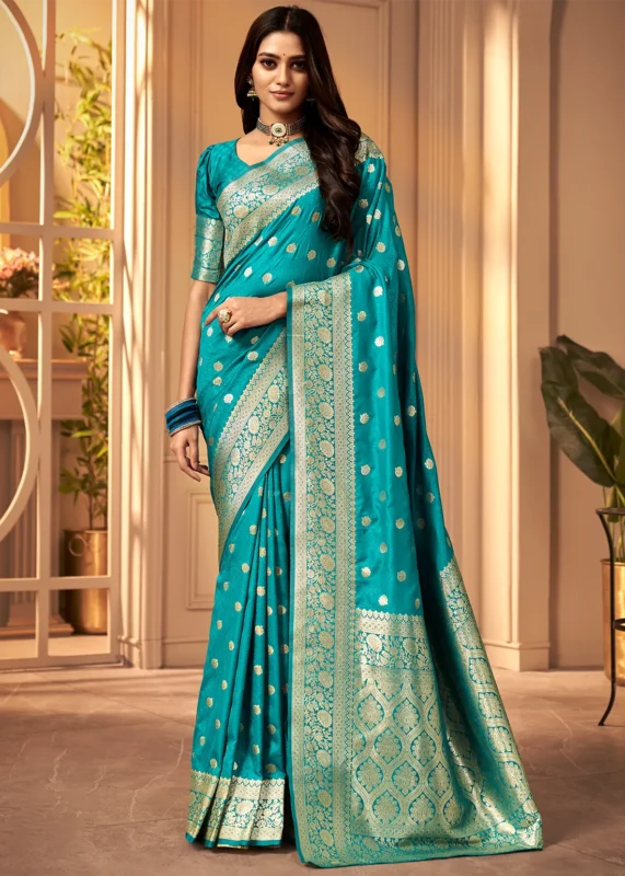 Ocean Blue Banarasi Satin Silk Saree