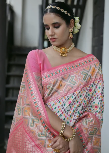 Off White Patola Silk Saree with Pink Blouse