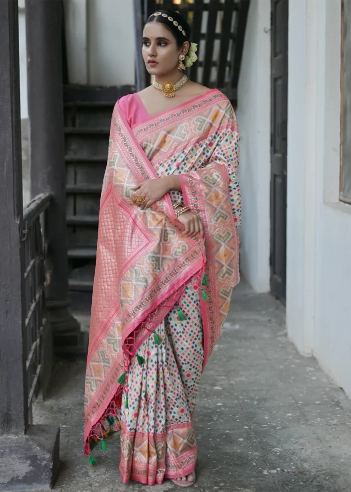 Off White Patola Silk Saree with Pink Blouse