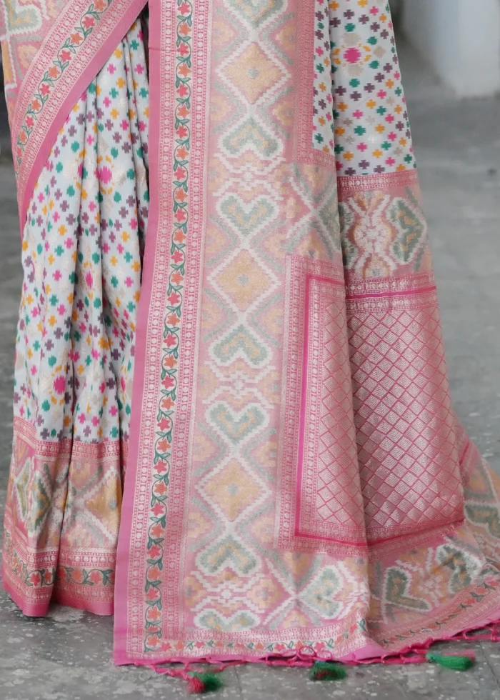 Off White Patola Silk Saree with Pink Blouse