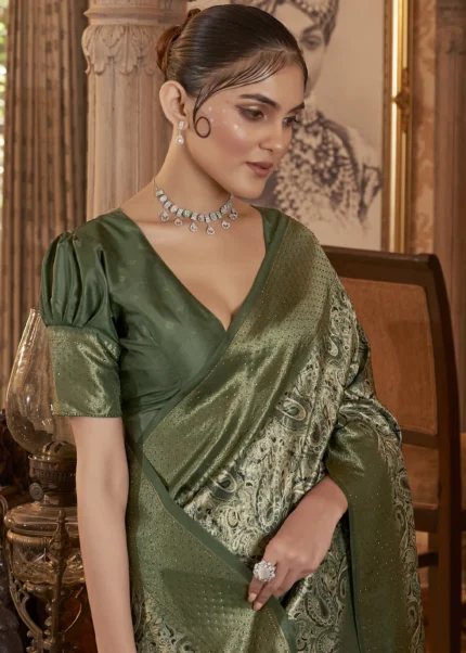 Olive Green Kanjivaram Saree with Stone Work