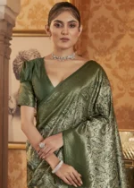 Olive Green Kanjivaram Saree with Stone Work