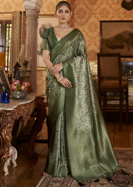 Olive Green Kanjivaram Saree with Stone Work