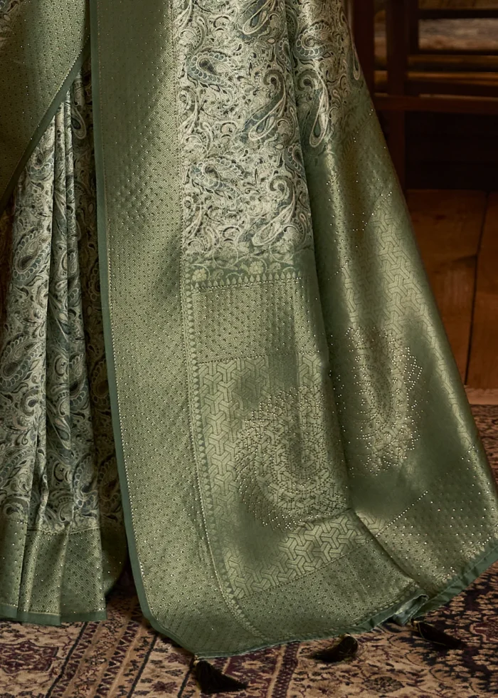 Olive Green Kanjivaram Saree with Stone Work