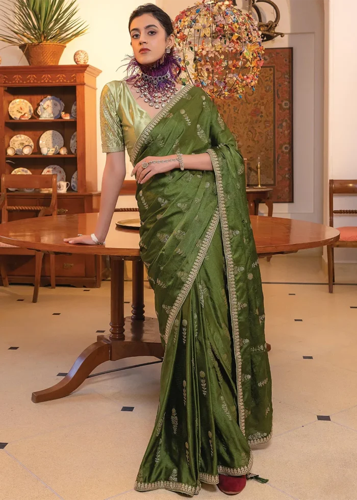 Olive Green Satin Silk Saree with Zari Work