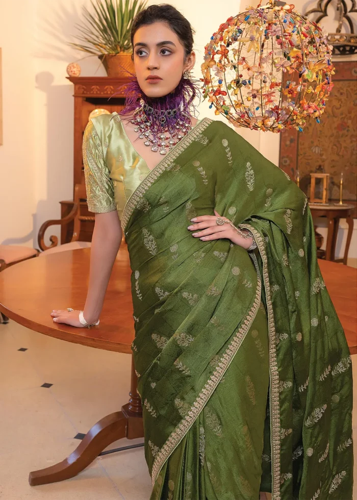 Olive Green Satin Silk Saree