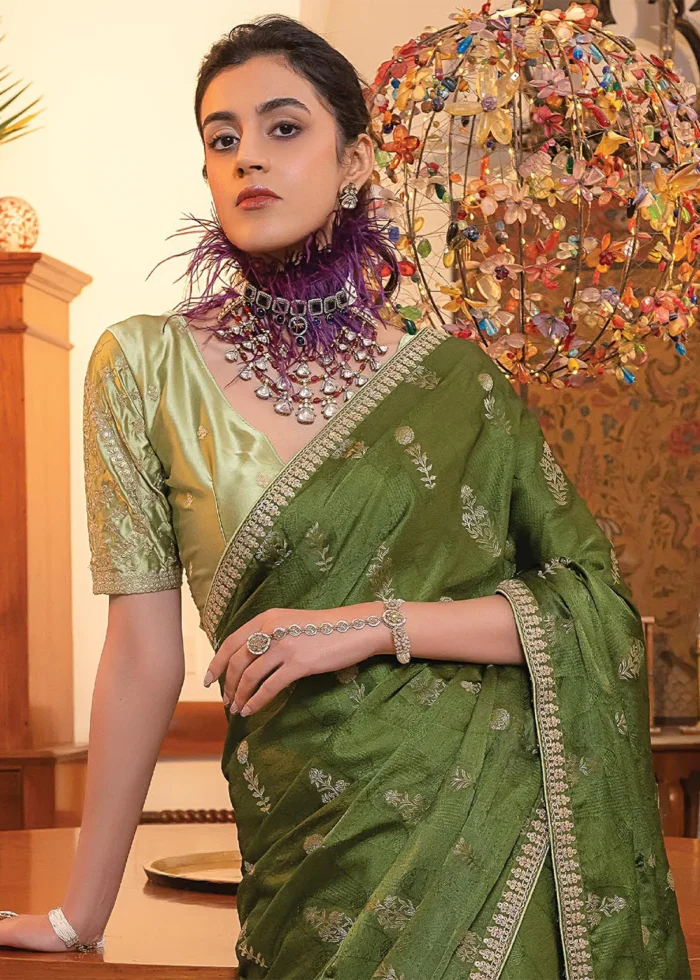 Olive Green Satin Silk Saree