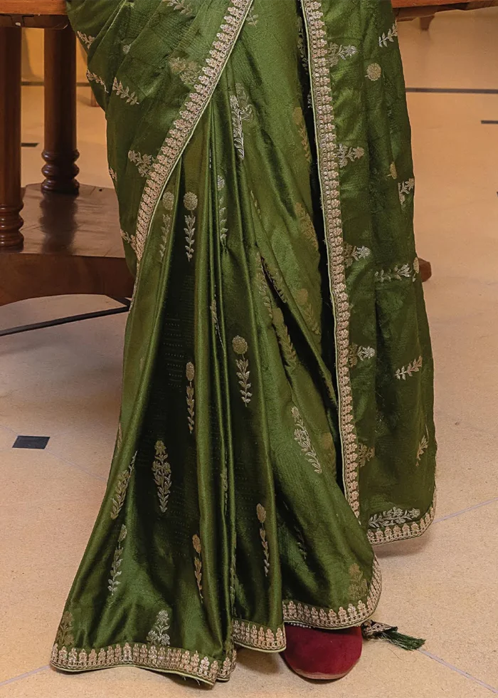 Olive Green Satin Silk Saree