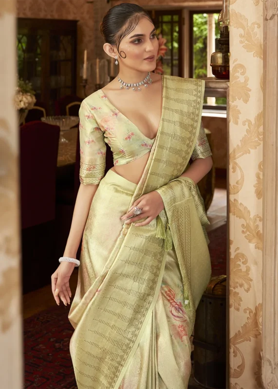 Pastel Olive Kanjivaram Saree with Stone Work